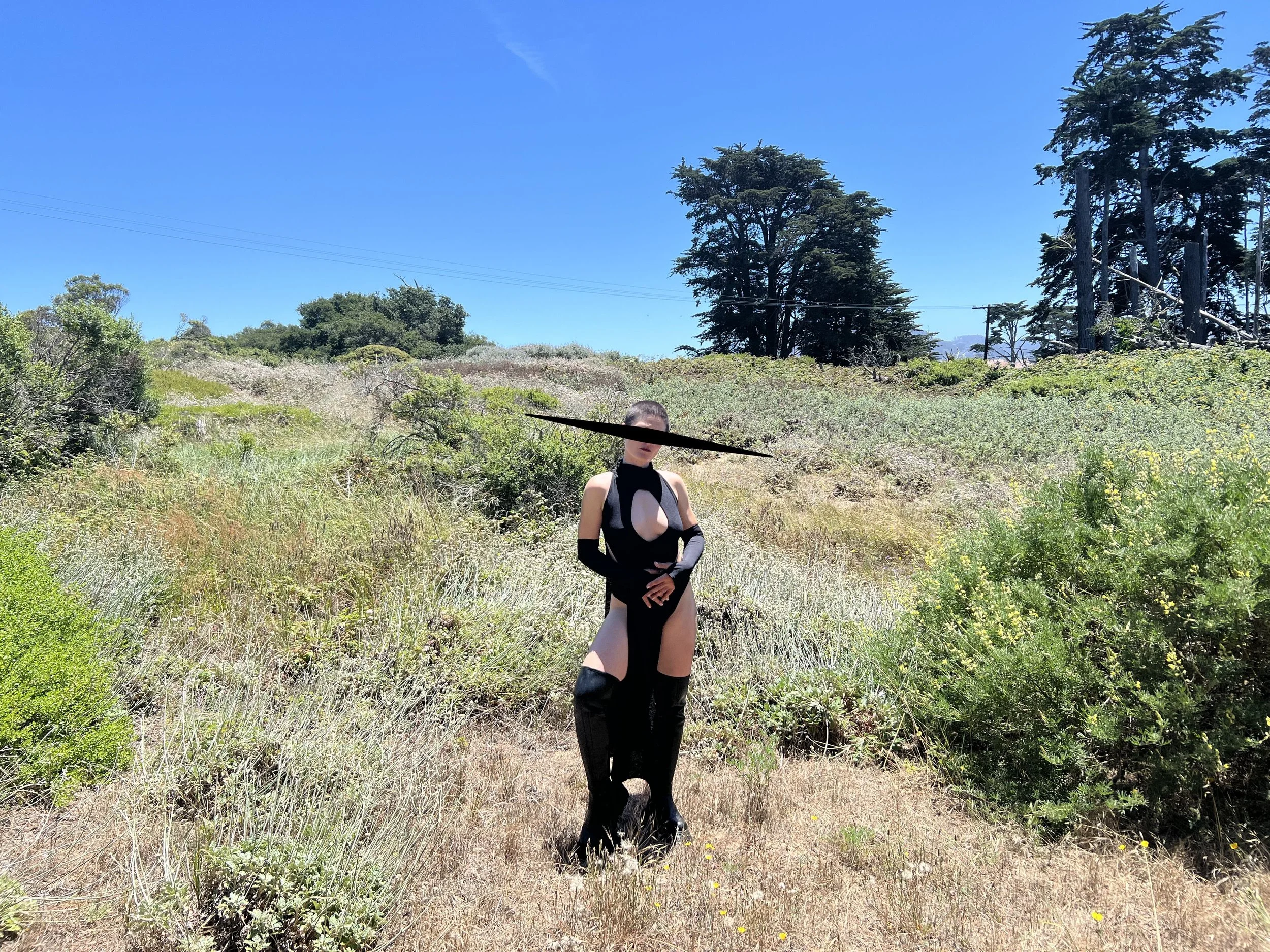 San Francisco Bay Area Dominatrix in a black bodysuit, long gloves, and thigh-high boots, standing in a field beneath power lines and a bright blue sky.