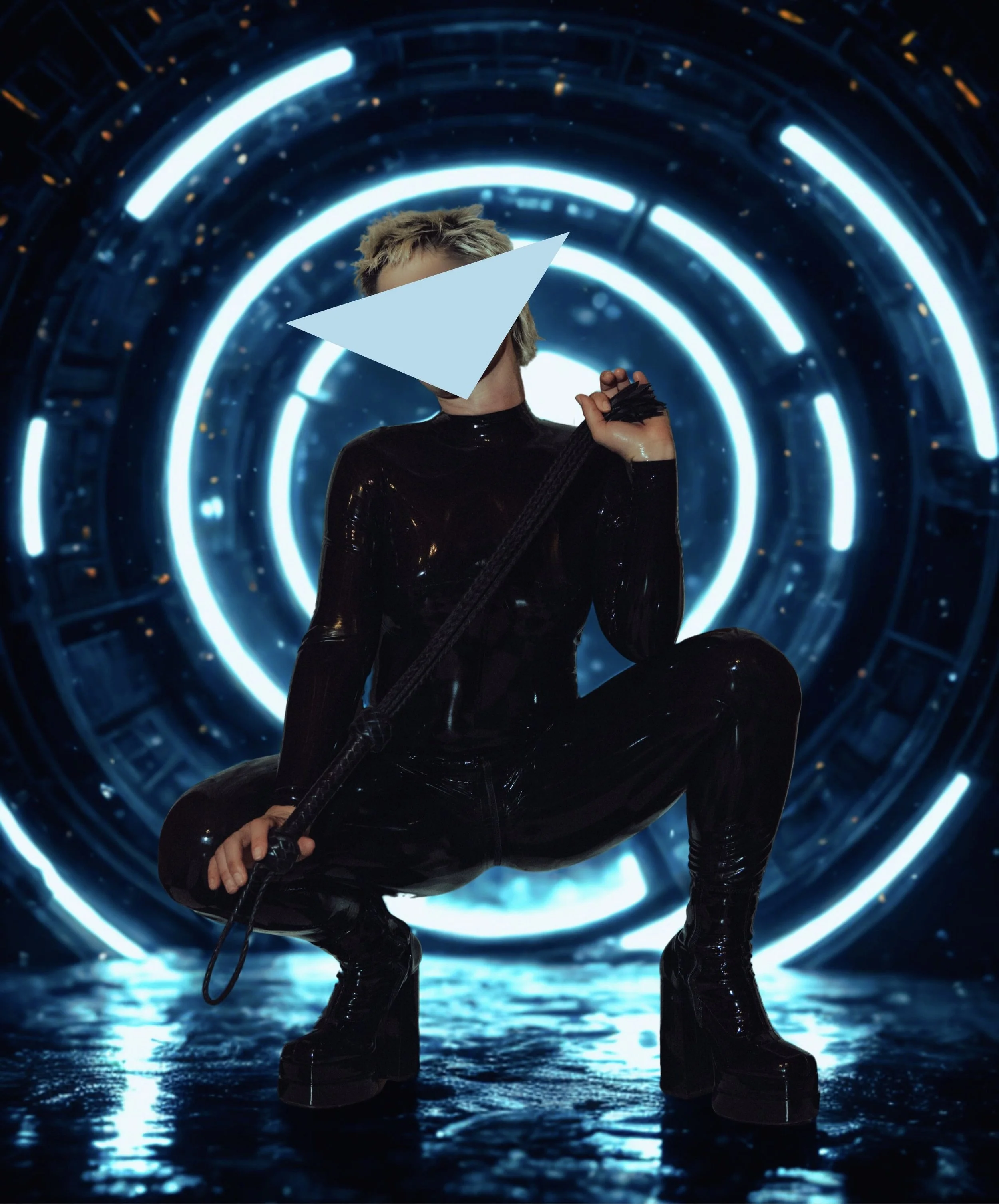 San Francisco Dominatrix in a black latex catsuit, crouching with a whip amid neon blue lights in a tunnel-like setting.